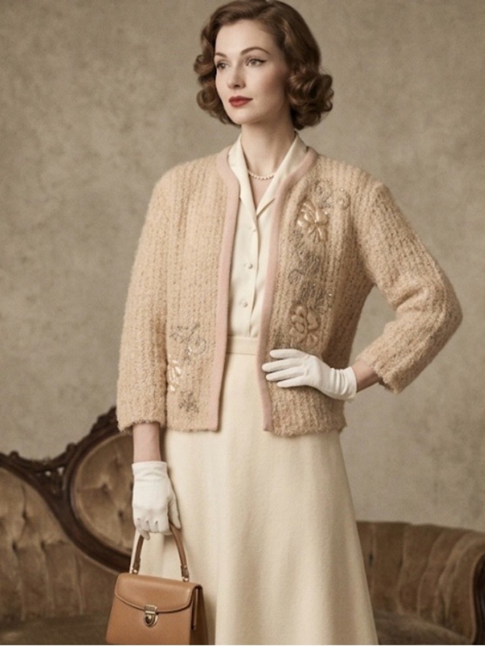 Americana Vintage 1950s Sweater Open Cardigan Boucle Yarn Gold Ivory Sz M‎
